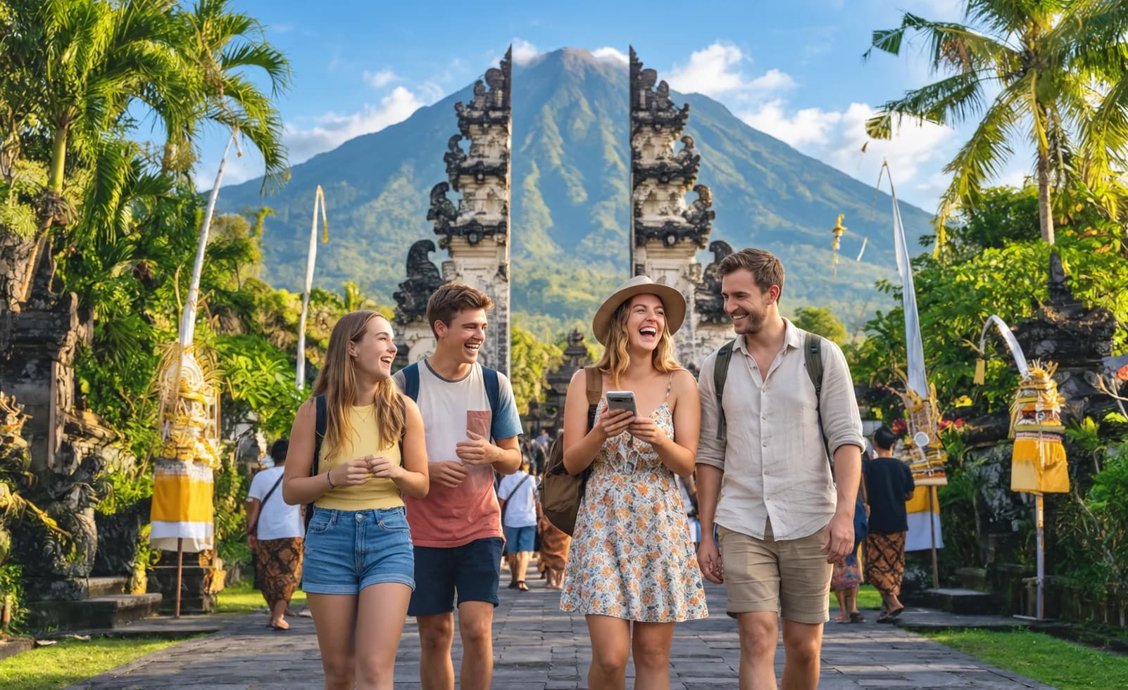 Travelers walking through a Balinese temple gate