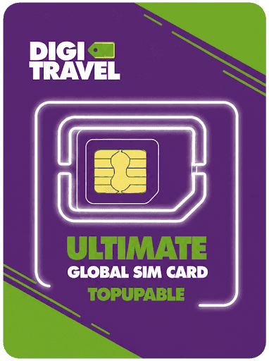 DIGITRAVEL Ultimate Global SIM Card, kartu fisik ungu dan hijau yang dapat diisi ulang